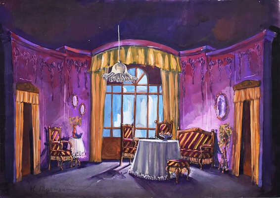 Трошин Николай Степанович. Эскиз декорации гостиной в сиреневых тонах с мебелью, обитой полосатой тканью